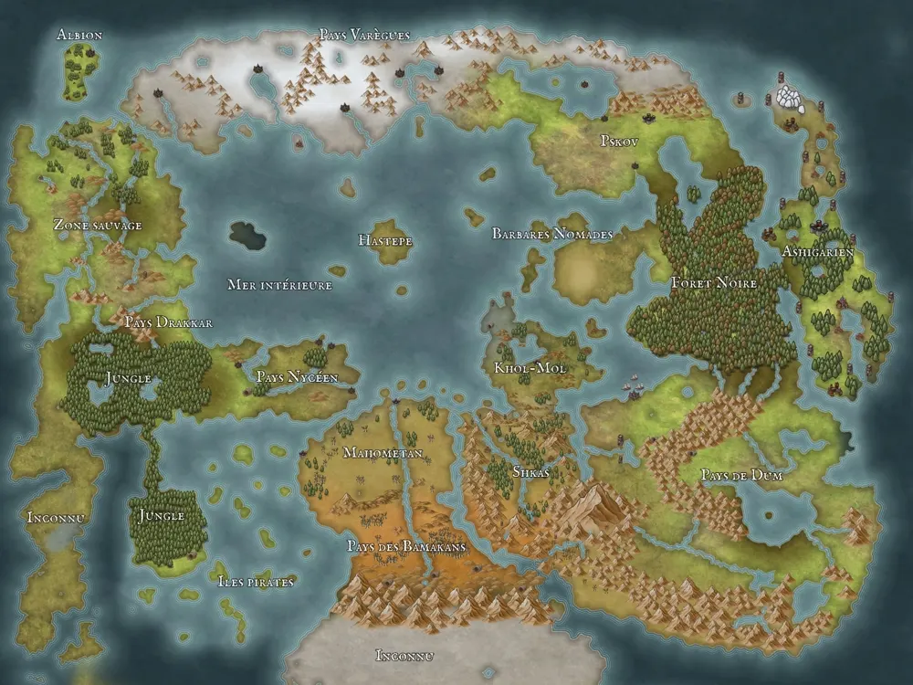 Carte du monde de la Couronne : un croissant de terres refermé autour d’une mer intérieure, ouvert au nord-ouest.